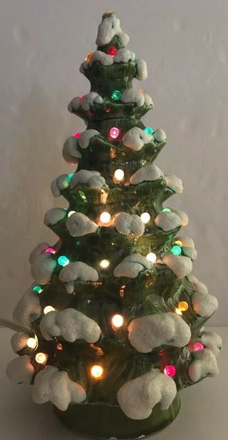 Vintage Lighted Ceramic Christmas Tree 9” Desktop Tabletop Green Snow Lights