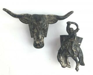 2 Vintage Western Scarf Ring Slide Bucking Bronco Cattle Head