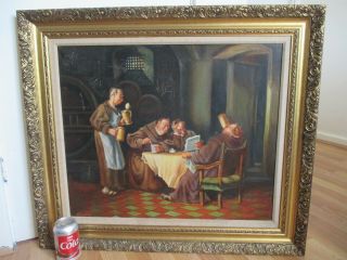 Erdei ? Large Old Oil Painting On Canvas Of Monks Drinking Ale In Monastery
