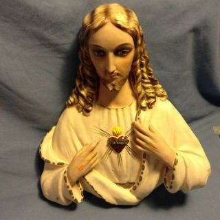 Large Vtg 1957 Jesus Sacred Heart Chalkware Wall Statue Plaque Mich.  Composition