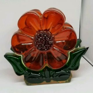 Lucite Flower Napkin Holder Mid Century Vintage Amber Orange Green Plastic 5x5
