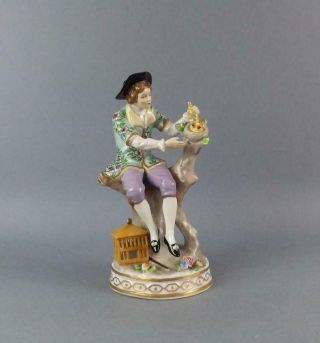 Antique Porcelain Pare Large Figurine Of Young Man With Bird By Sitzendorf
