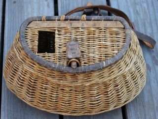 Vintage Antique Turtle Trade Mark Wicker Creel Fishing Basket Leather Strap