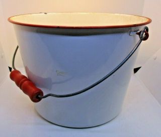 Enamelware Red And White Wood Handle Pail Bucket Vintage