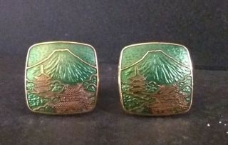 Green And Gold Cuff Links From Japan Mt Fuji And Pagodas Vintage