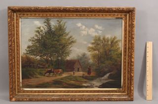 Antique American Primitive Folk Art Country Farm Family & Cows Oil Painting,  Nr