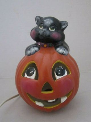 Vintage Halloween Ceramic Mold Black Cat & Pumpkin Lighted 7.  5” Hand Painted