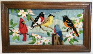 Vtg Finished Crewel Embroidery Needlework Birds Trees Nature Framed 10.  5 X 18.  5