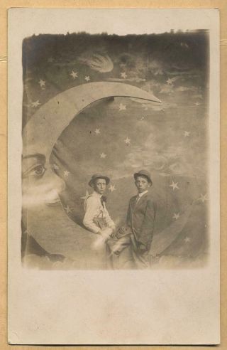 Rppc Young Friend Together On Paper Moon Vtg Photo Studio Arcade Booth Souvenir