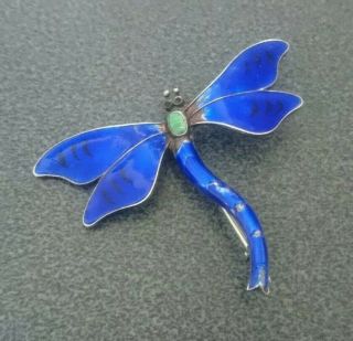 Antique Sterling Silver Ja&s Guilloche Enamel Dragonfly Brooch Art Deco Blue