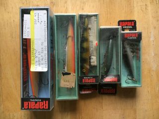 Five (5) Vintage Rapala Finland Floating Minnow Lures Trout Perch Boxed Rare
