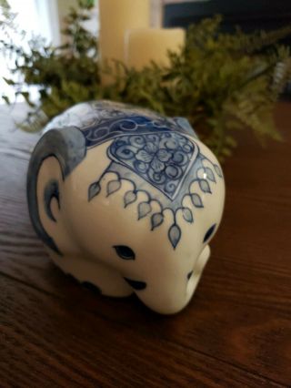 Vintage White Elephant Porcelain Bank With Cobalt Blue Floral Design