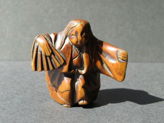 Antique Japanese Boxwood Netsuke Of Noh Dancer With Fan Unsigned