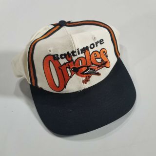 Vintage 90s Baltimore Orioles Spell Out Logo Snapback Hat Striped Cap The Game