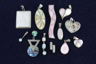 12 X Vintage.  925 Sterling Silver Mother Of Pearl Pendants Inc Heart,  Chic (40g)