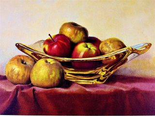 Glass Bowl Of Apples On Table By Artist,  Robert Chailloux Publ 