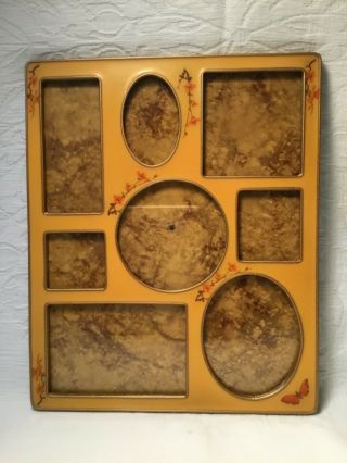 Vintage Metal Enameled 8 Multi Picture Frame Yellow Orange Florals Butterfly