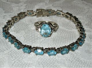 Vintage Aquamarine Stone Alx.  925 Sterling Silver Tennis Bracelet & Kbn Ring