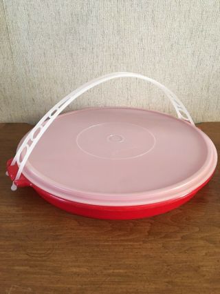 Vintage Tupperware 12 " Round Red Party Susan Divided Tray W/sheer Lid & Handle