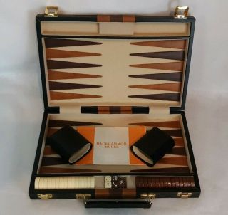 Vintage Backgammon Faux Leather Brown/white Complete Set Case