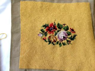 Vintage Floral Needlepoint Completed Canvas 12.  5 X 12.  5 Gold Background
