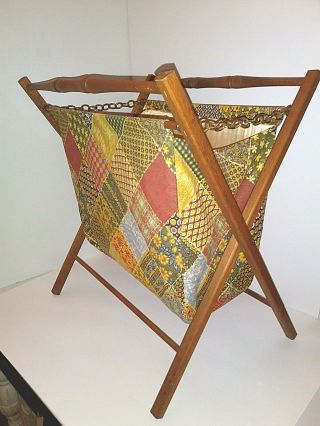 Vintage Fabric Yarn Knitting Crocheting Sewing Basket Caddy Wood Folding Frame