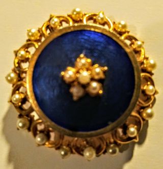 Vintage Florenza Pearls Blue Enamel Guilloche Golden Brooch Pendant Pin
