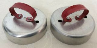 2 Vtg Aluminum Biscuit/donut/cookie Cutters,  Round W/riveted Red Loop Handles