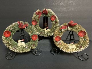 3 Vtg Christmas Bottle Brush Wreaths - 6 " - Flocking Reindeer Mid Century