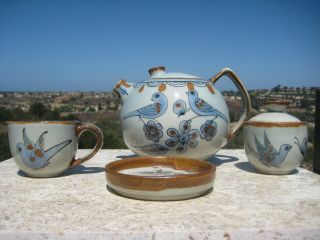 Vintage Ken Edwards El Palomar Pottery Teapot Sugar Creamer Blue Birds Mexico