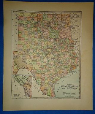 Vintage 1896 Texas - Indian Territory - Oklahoma Map Antique Authentic