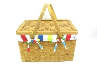 Vintage Wicker Picnic Basket Double Handle,  Hinged Lid,  Striped Cloth Liner