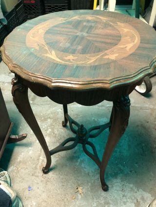 Wooden Antique 28” High Table Round Repo Vintage? Print Well Made