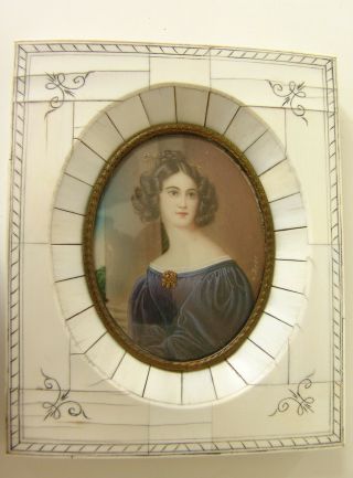 Antique Miniature Painting Of A Young Lady In An Inlaid Frame - Signed
