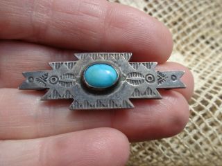 Vintage Navajo American Indian Fred Harvey Era Silver Stamped Turquoise Bar Pin