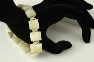 Vintage Estate Jewelry Mop Mother Of Pearl Carved Square Beaded 8 " Bracelet