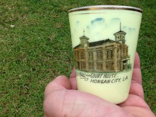 Vintage historical slag glass cup 1905 Morgan city Louisiana city hall opening 3