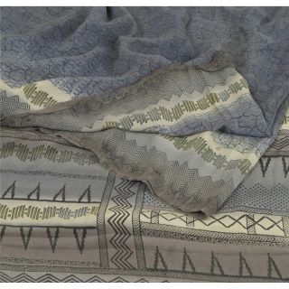 Sanskriti Vintage Grey Saree Pure Crepe Silk Printed Decor Fabric 5yd Craft Sari