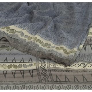 Sanskriti Vintage Grey Saree Pure Crepe Silk Printed Decor Fabric 5Yd Craft Sari 2