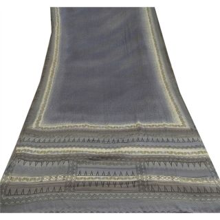 Sanskriti Vintage Grey Saree Pure Crepe Silk Printed Decor Fabric 5Yd Craft Sari 3