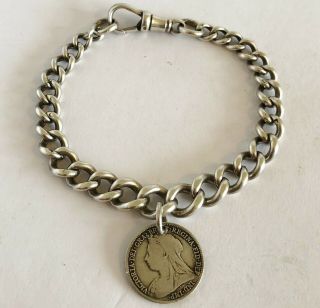 Antique Victorian 925 Silver - Albert Chain Bracelet - Queen Victoria Coin Fob