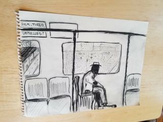 Vintage Black/white Charcoal Sketch Bum Drunk On City Subway Alone Depressed