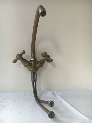 Vintage Faucet Solid Brass Dual Two Handle Long Gosseneck Spout Kitchen Sink