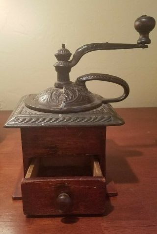 Antique Coffee Mill Grinder Cast Iron & Dovetail Wood Hand Crank