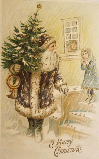 Vintage C1909 Xmas Postcard - Brown Robe Santa With Tree & Toys - Gold Enhanced