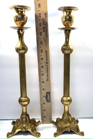 Set,  Vintage Tall Brass Candlesticks 14 1/2 "