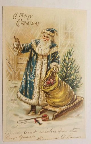 Vintage C1909 Xmas Postcard - Green Robe Santa With Bag Of Toys - Gold Enhanced