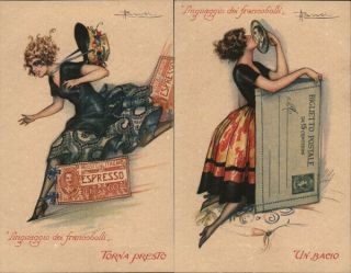 Adolfo Busi Set Of 2: Fantasy Woman With Giant Letters,  Stamps Deltiology Vintage