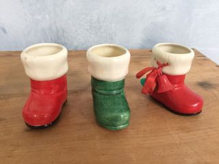 Vintage Set Of 3 Small Ceramic Santa Boots Open Stockings Flocked 1957