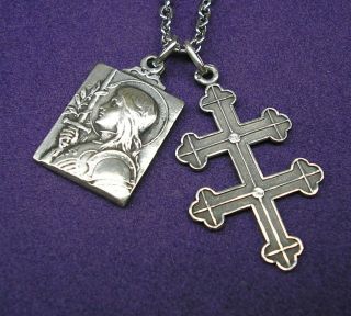 Antique French Joan Of Arc Religious Medal & Silver Cross Of Lorraine